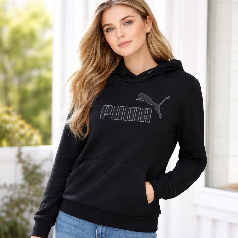 Puma Hoodie Womens Large Black Metallic Logo NWT Cotton Blend Pullover Athletic